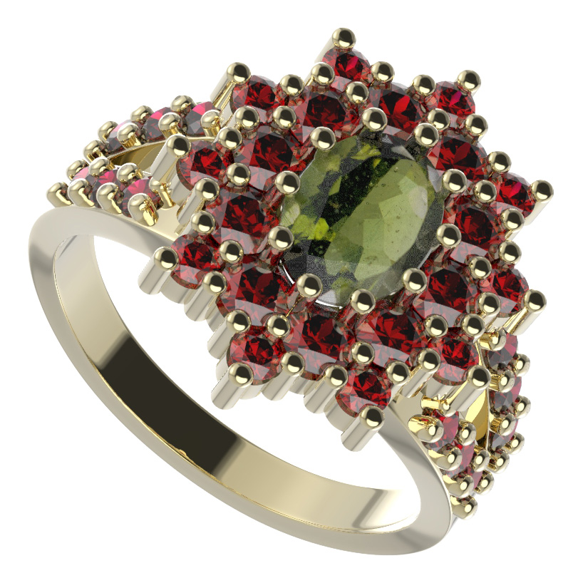 BG prsten oválný 249-Y Stříbro 925 - pozlacené Vltavín a granát