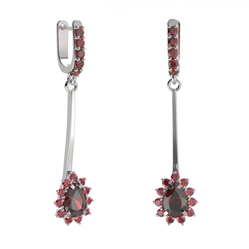 BG náušnice s centrálním kapkovitým kamenem 509-A93 Bílé zlato - 585 Vltavín a granát