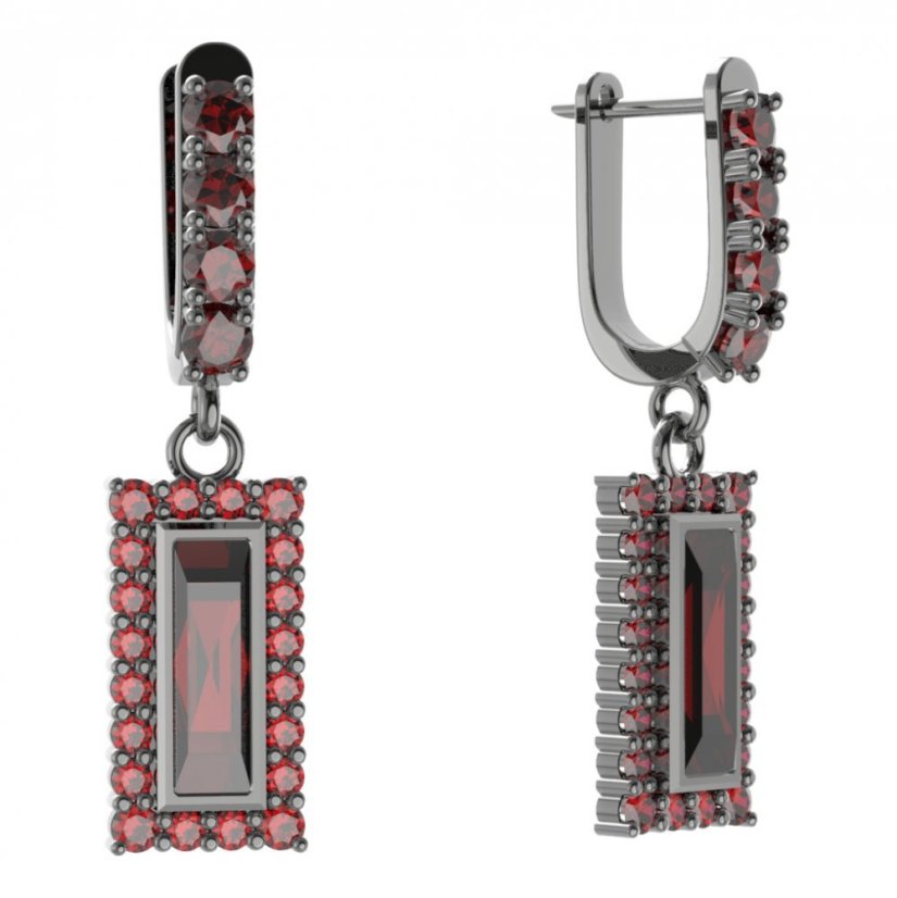 Stříbrné náušnice s českým granátem, ruthenium, visací – 837-96