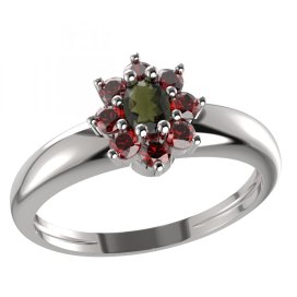 BG prsten s oválným kamenem 627-I Bílé zlato - 585 Vltavín a granát