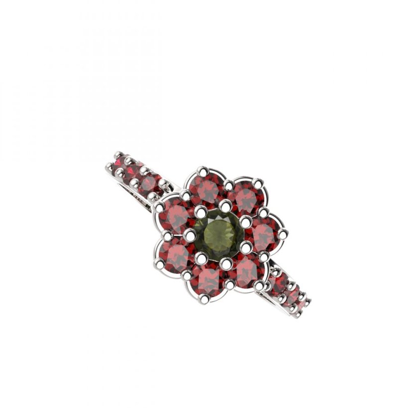 BG prsten 456-Z kulatého tvaru Bílé zlato - 585 Vltavín a granát