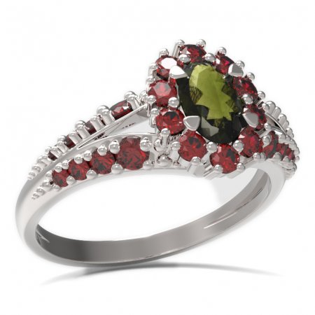BG prsten s oválným kamenem 498-G - Kov: Stříbro 925 - rhodium, Kámen: Vltavín a granát