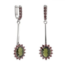 BG náušnice s centrálním oválným kamenem 516-A93 Stříbro 925 - rhodium Vltavín a granát