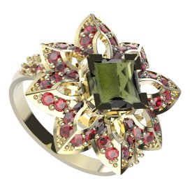 BG prsten 733-X oválného tvaru Žluté zlato - 585 Vltavín a granát