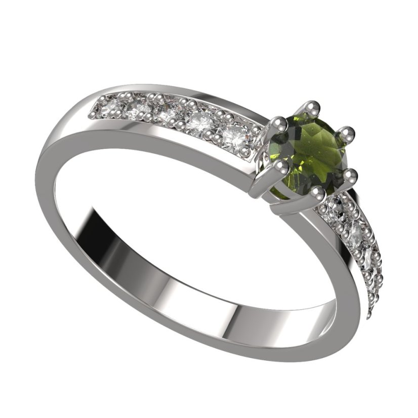 BG zlatý granátový, vltavínový  prstýnek 1453 Bílé zlato - 585 Vltavín a diamant