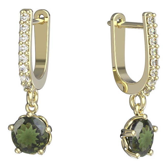 BG vltavínové náušnice 875 Žluté zlato - 585 Vltavín a diamant