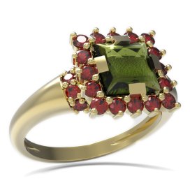 BG prsten čtvercový kámen 499-K Žluté zlato - 585 Vltavín a granát