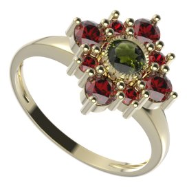 BG prsten čtvercový 105-I Žluté zlato - 585 Vltavín a granát