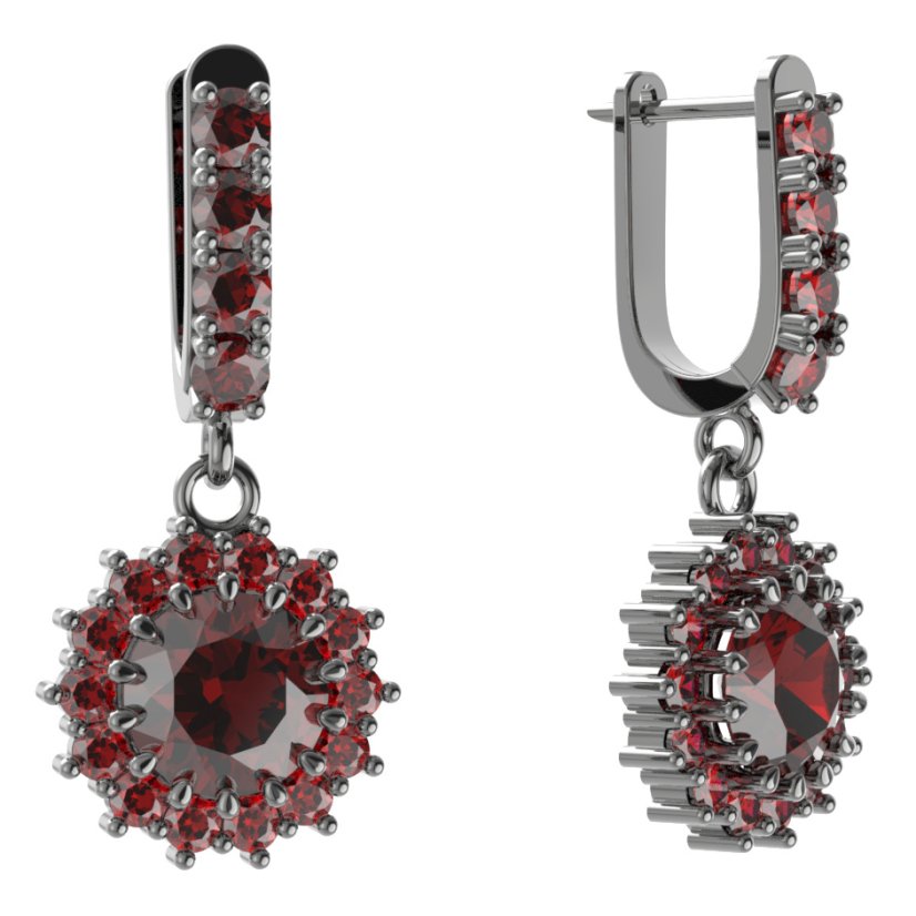 Stříbrné náušnice s českým granátem, ruthenium, visací – 096-96