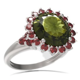BG prsten s kulatým kamenem 512-U Bílé zlato - 585 Vltavín a granát