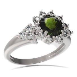 BG prsten s kulatým kamenem 511-U Stříbro 925 - rhodium Vltavín a  kubický zirkon