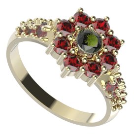 BG prsten 030-X kulatého tvaru Žluté zlato - 585 Vltavín a granát