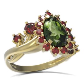 BG prsten s kapkovitým kamenem 505-P Žluté zlato - 585 Vltavín a granát