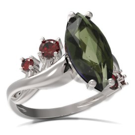 BG prsten s oválným kamenem 481-P Bílé zlato - 585 Vltavín a granát