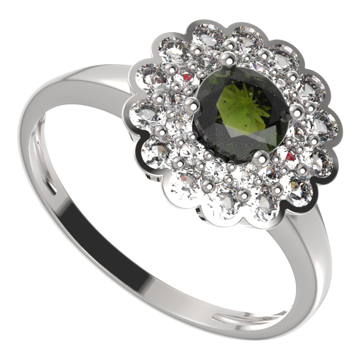 BG prsten kulatý 463-I Bílé zlato - 585 Vltavín a  kubický zirkon