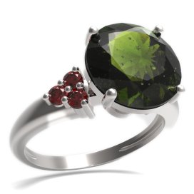 BG prsten s kulatým kamenem 475-U Stříbro 925 - rhodium Vltavín a granát