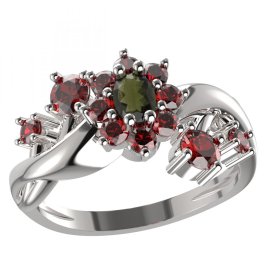 BG prsten s oválným kamenem 627-P Bílé zlato - 585 Vltavín a granát