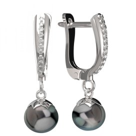 BG zlaté náušnice 561 s černou perlou Bílé zlato - 585 Kubický zirkon a tahiti perla
