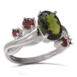 BG prsten s oválným kamenem 492-P Bílé zlato - 585 Vltavín a granát