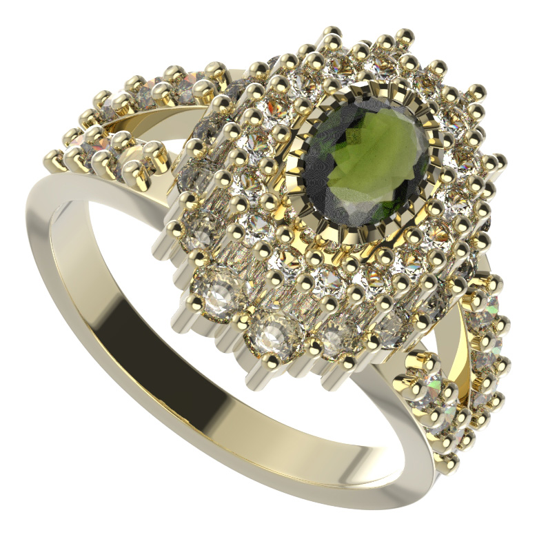 BG prsten oválný 243-Y Stříbro 925 - pozlacené Vltavín a  kubický zirkon