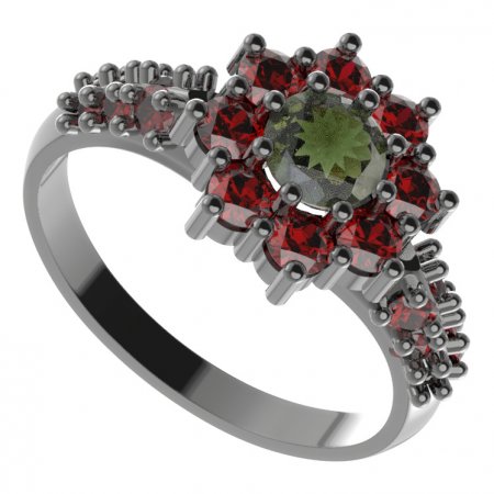 BG prsten 023-X kulatého tvaru - Kov: Stříbro 925 - rhodium, Kámen: Vltavín a granát