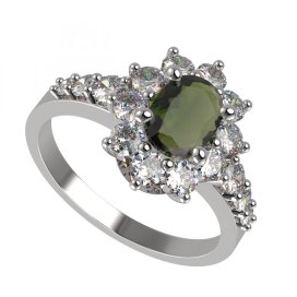 BG prsten oválný 756-Z Stříbro 925 - rhodium Vltavín a  kubický zirkon