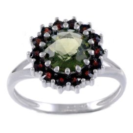 UG prsten kulatý 096-V Bílé zlato - 585 Vltavín a granát
