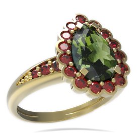 BG prsten kapkovitý kámen 519-J Žluté zlato - 585 Vltavín a granát