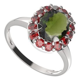 BG prstýnek 728 Stříbro 925 - rhodium Vltavín a granát