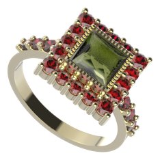 BG prsten 099-Z čtvercového tvaru Žluté zlato - 585 Vltavín a granát