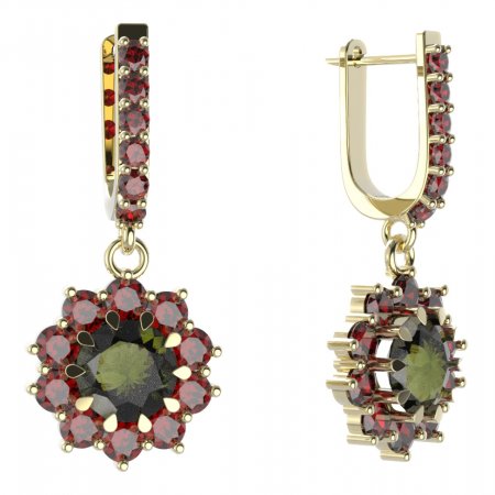 BG circular earring 011-94 - Metal: Yellow gold 585, Stone: Moldavit and garnet
