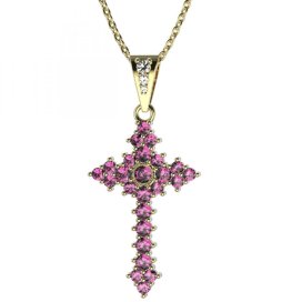 Zlatý přívěsek křížek s růžovým zirkonem, žluté zlato 585 – 264 (ZN342642)