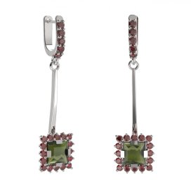 BG náušnice s centrálním čtvercovým kamenem 499-A93 Stříbro 925 - rhodium Vltavín a granát