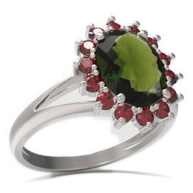 BG prsten oválný kámen 516-V Bílé zlato - 585 Vltavín a granát