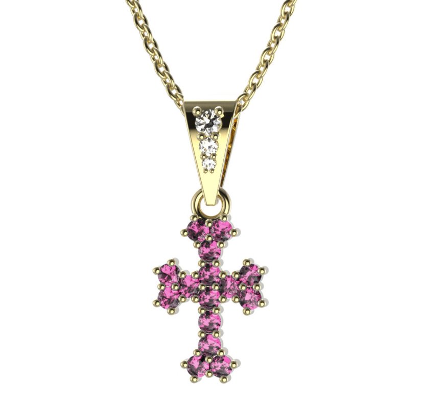 Zlatý přívěsek křížek s růžovým zirkonem, žluté zlato 585 – 267 (ZN342672)