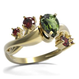 BG prsten s kapkovitým kamenem 495-P Žluté zlato - 585 Vltavín a granát