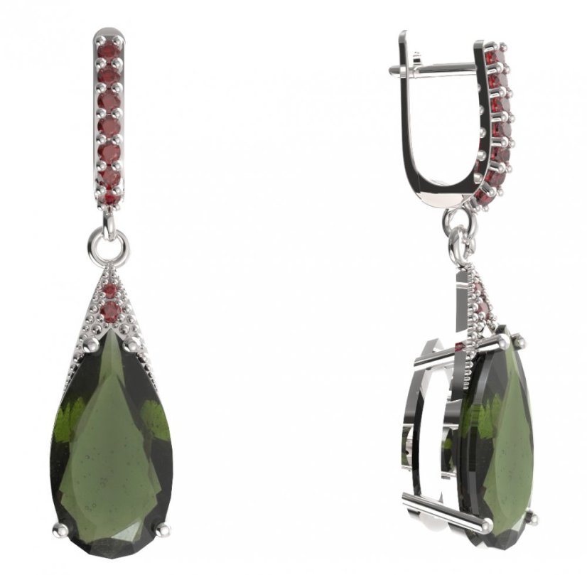 BG náušnice ve tvaru kapky 694-84 Stříbro 925 - rhodium Vltavín a granát