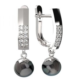 BG zlaté náušnice 561 s černou perlou Bílé zlato - 585 Kubický zirkon a tahiti perla