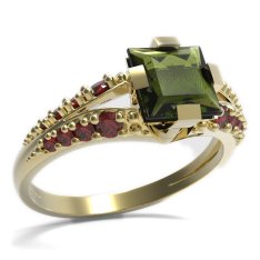 BG prsten s čtvercovým kamenem 496-G Žluté zlato - 585 Vltavín a granát