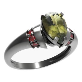 BG prsten kapkovitý kámen 494-K Stříbro 925 - ruthenium (30-90dní) Vltavín a granát