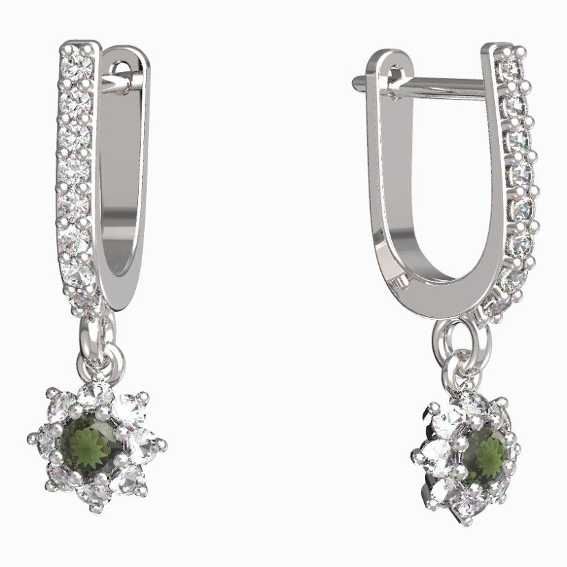 BG vltavínové náušnice 886 Bílé zlato - 585 Vltavín a diamant