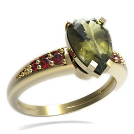 BG prsten kapkovitý kámen 494-J Žluté zlato - 585 Vltavín a granát