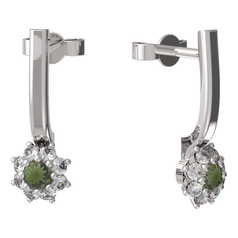 BG vltavínové náušnice 886 Bílé zlato - 585 Vltavín a diamant