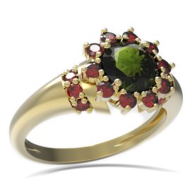 BG prsten kulatý kámen 511-K Žluté zlato - 585 Vltavín a granát