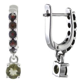 BG náušnice vsazeny kameny:český granát  725 Stříbro 925 - rhodium Vltavín a granát