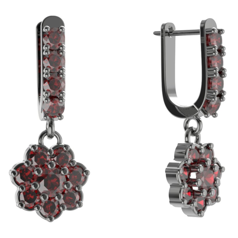 Stříbrné náušnice s českým granátem, ruthenium, visací – 456-96