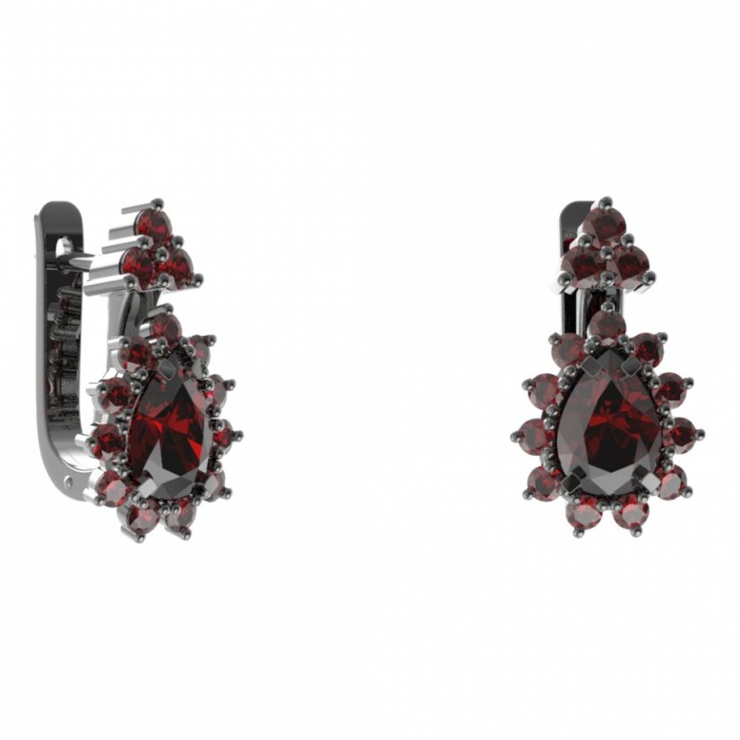 Stříbrné náušnice kapka s českým granátem, ruthenium, anglické zapínání – 509-87