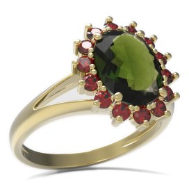 BG prsten oválný kámen 516-V Žluté zlato - 585 Vltavín a granát