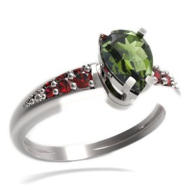 BG prsten kapkovitý kámen 495-J Bílé zlato - 585 Vltavín a granát