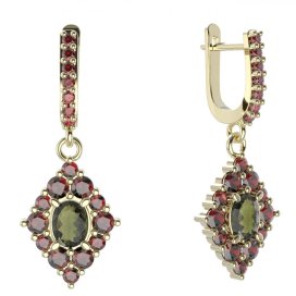 BG náušnice vsazený granát hvězdicový brus  422-84 Žluté zlato - 585 Vltavín a granát